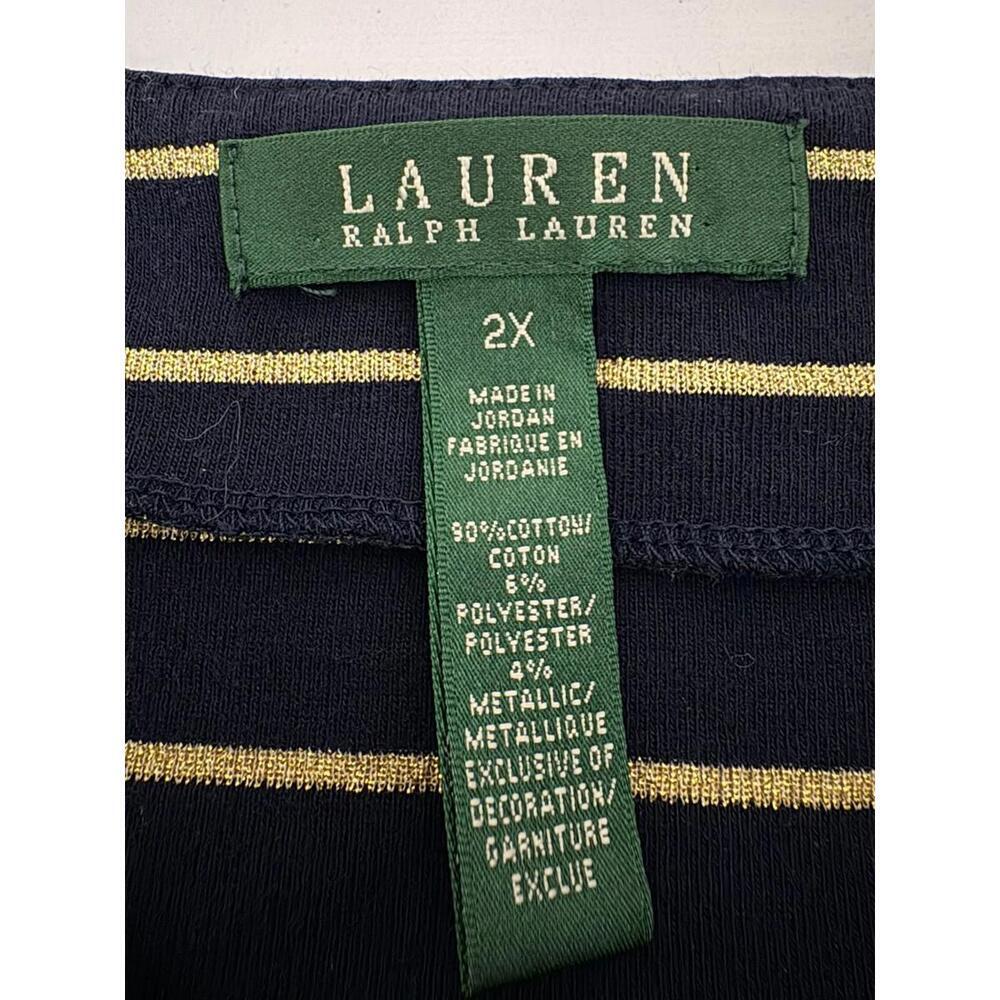 Lauren Ralph Lauren Womens Shirt 2X Blue Gold Metallic Stripe 3/4 Slv Crest Logo - Picture 5 of 8